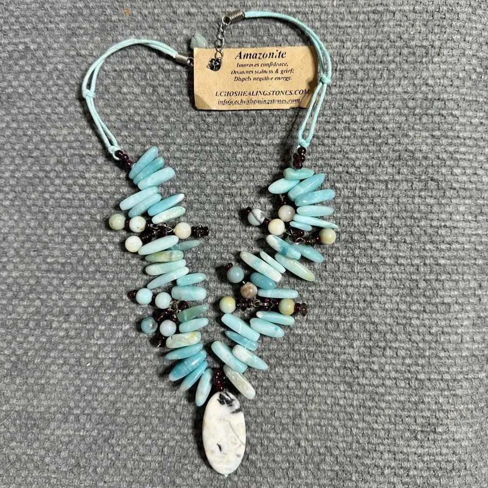 Echos Healing Stones Amazonite Garnet Necklace Blue Boho Artisan Bohemian NEW